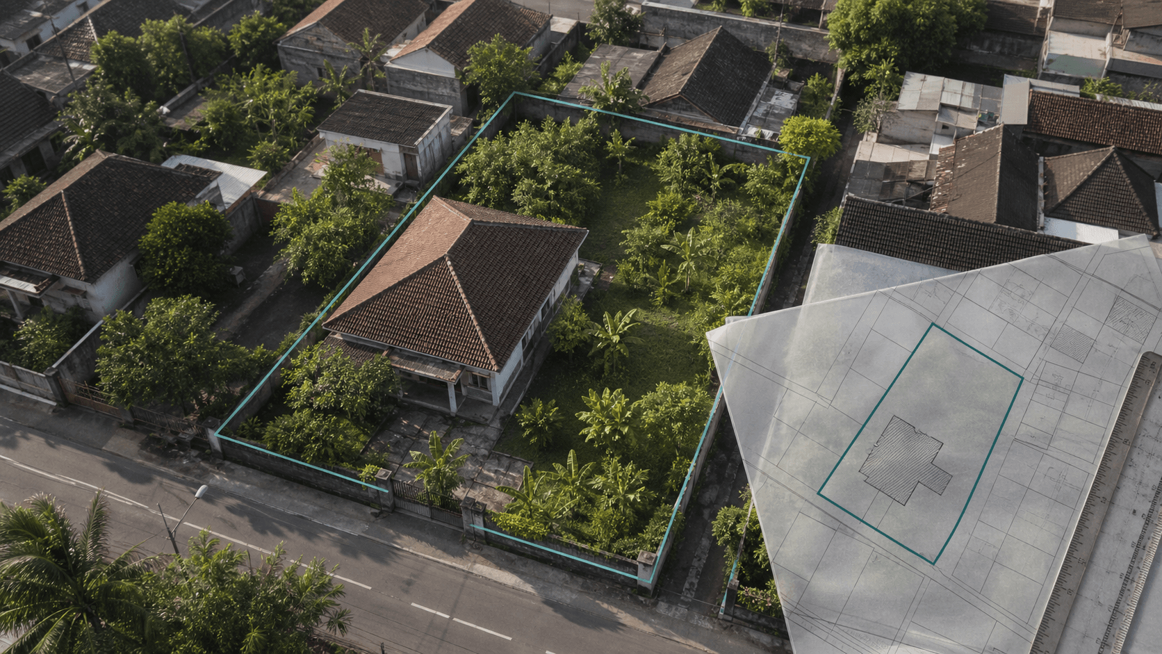 Bidang tanah dan rumah terlihat dari udara bersama peta batas objek pajak.