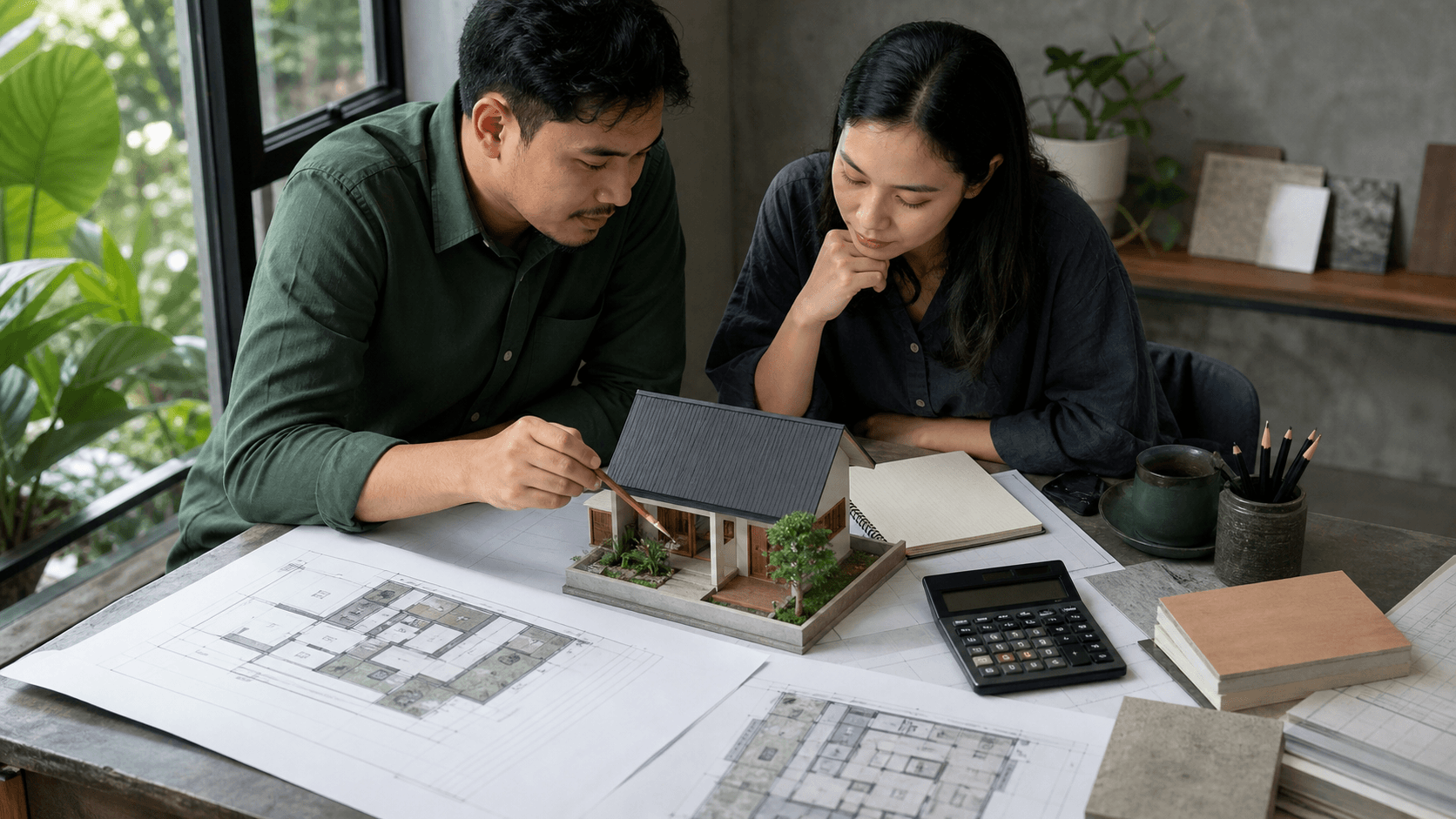 Pasangan merencanakan rumah yang realistis dari budget, gambar kerja, dan model bangunan.