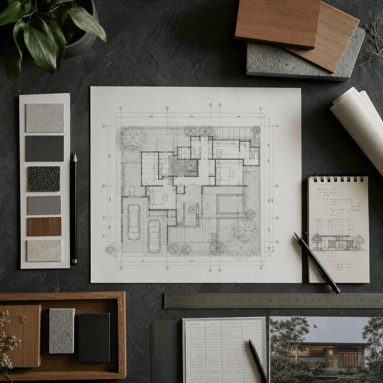 Gambar denah rumah dan pilihan material di meja perencanaan